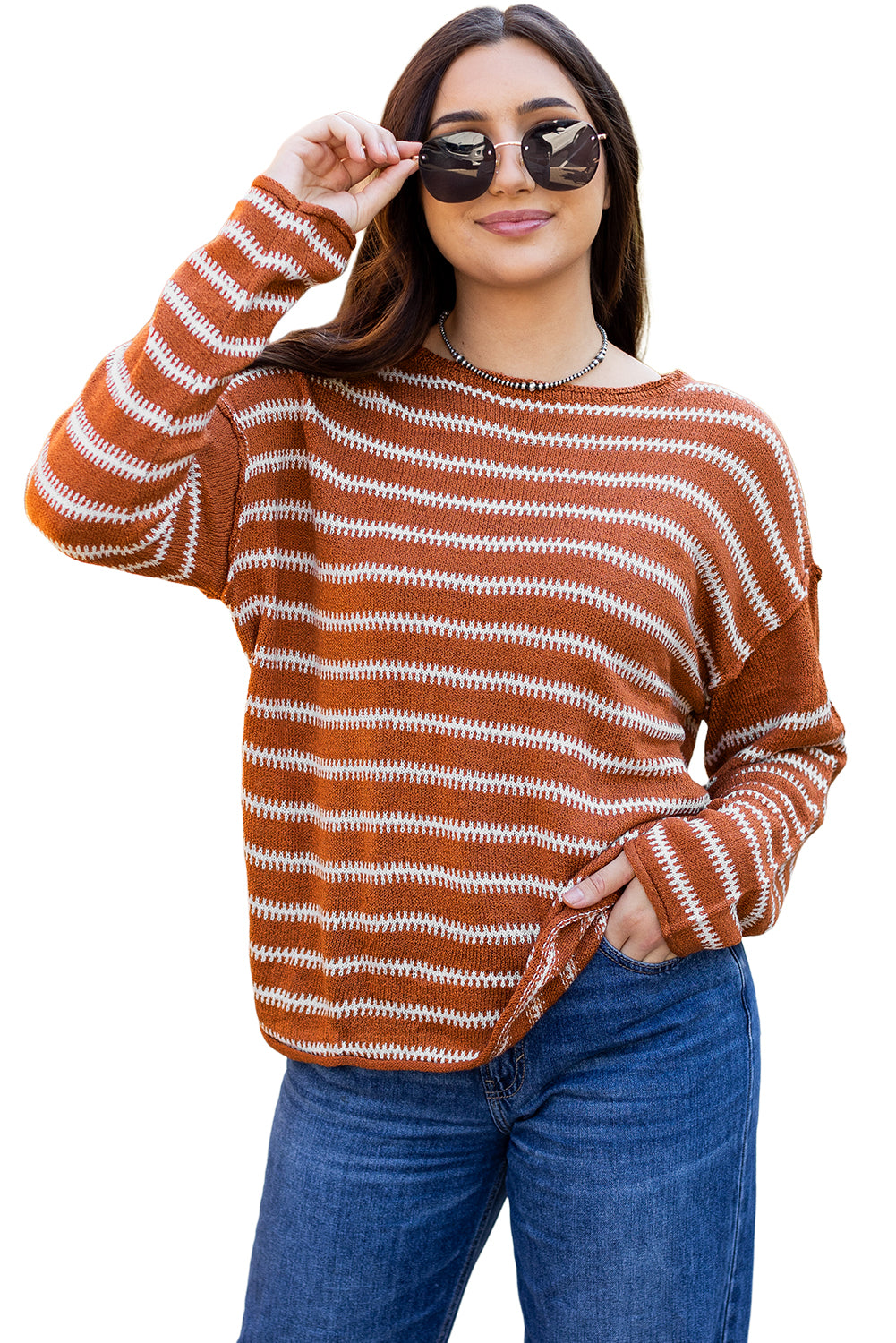 Green Stripe Drop Shoulder Casual Sweater