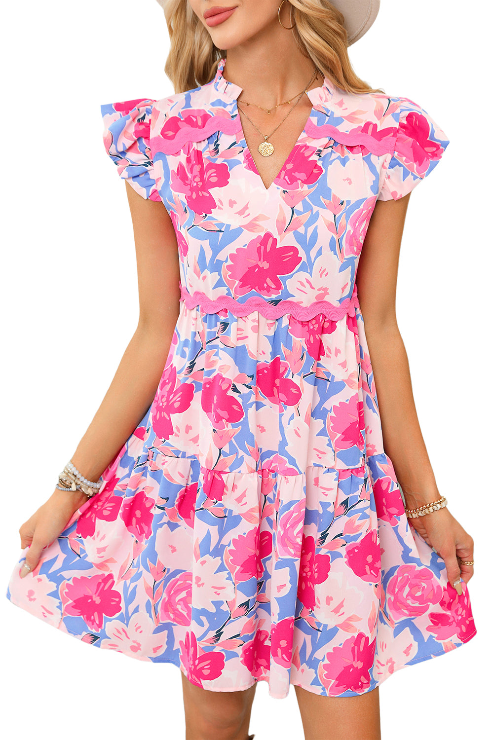 Sky Blue Floral Printed V Notched Ric Rac Flutter Sleeve Dress