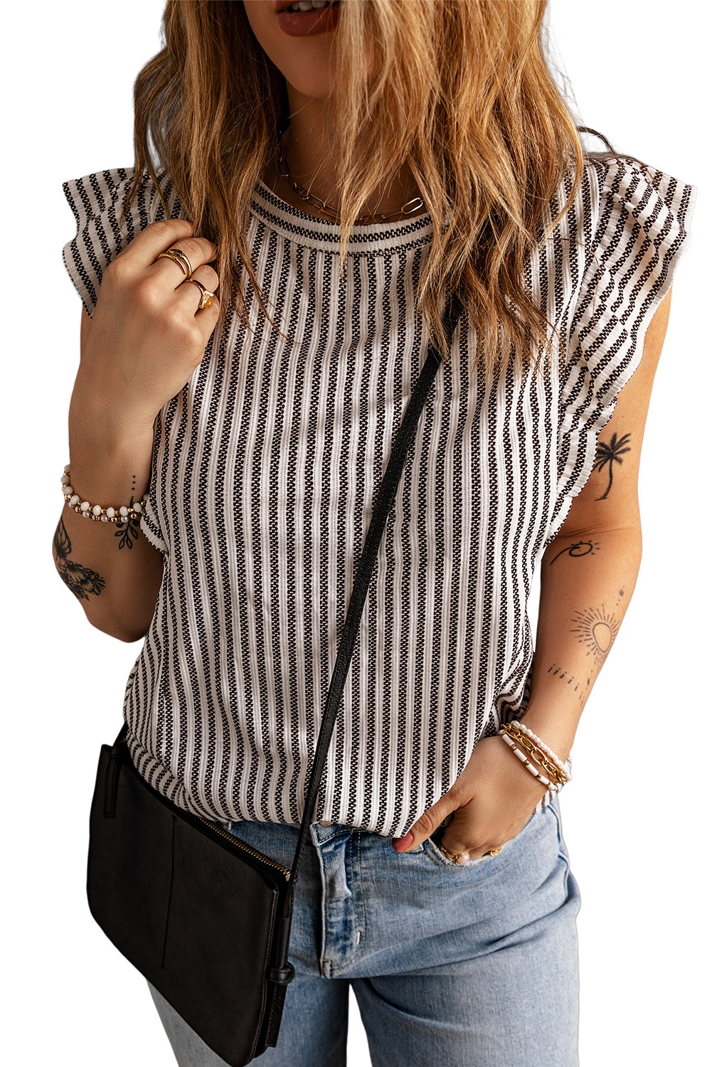 Khaki Striped Crew Neck Ruffled Tank Top