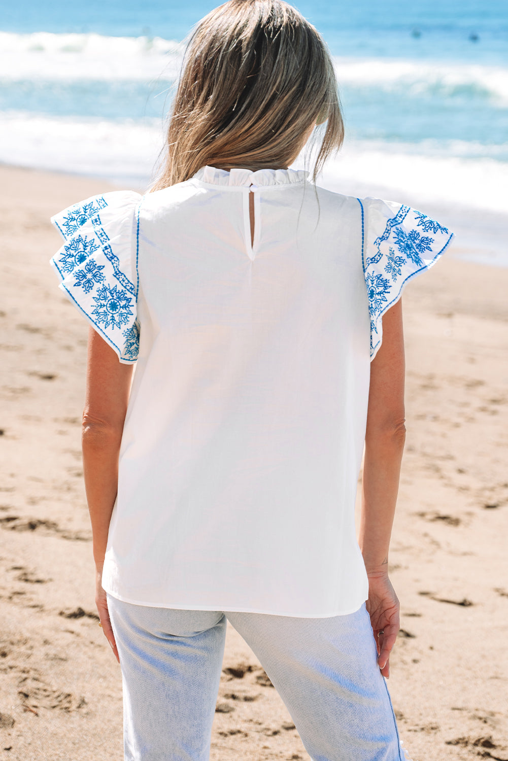 Black Embroidered Ruffled Sleeve Frilled Collar Blouse