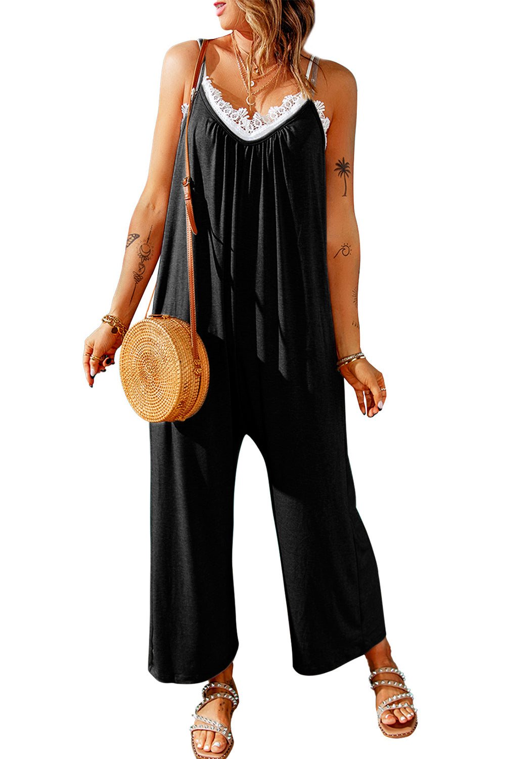 Fiery Red Spaghetti Straps Wide Leg Pocketed Jumpsuits