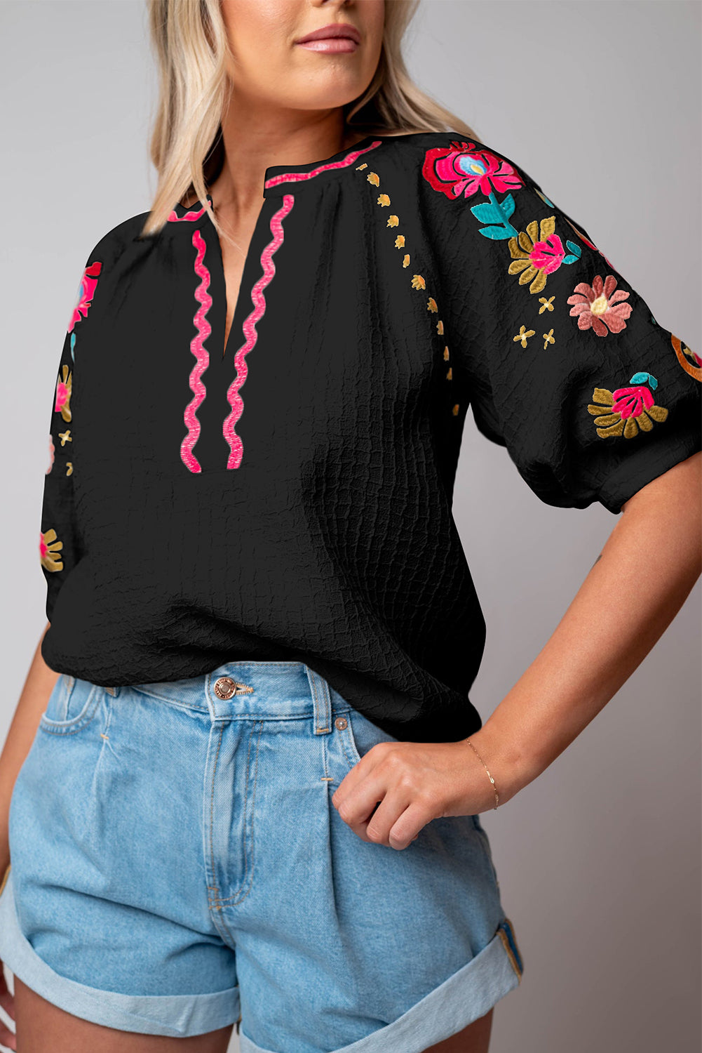 White Floral Embroidered Ricrac Puff Sleeve Textured Blouse