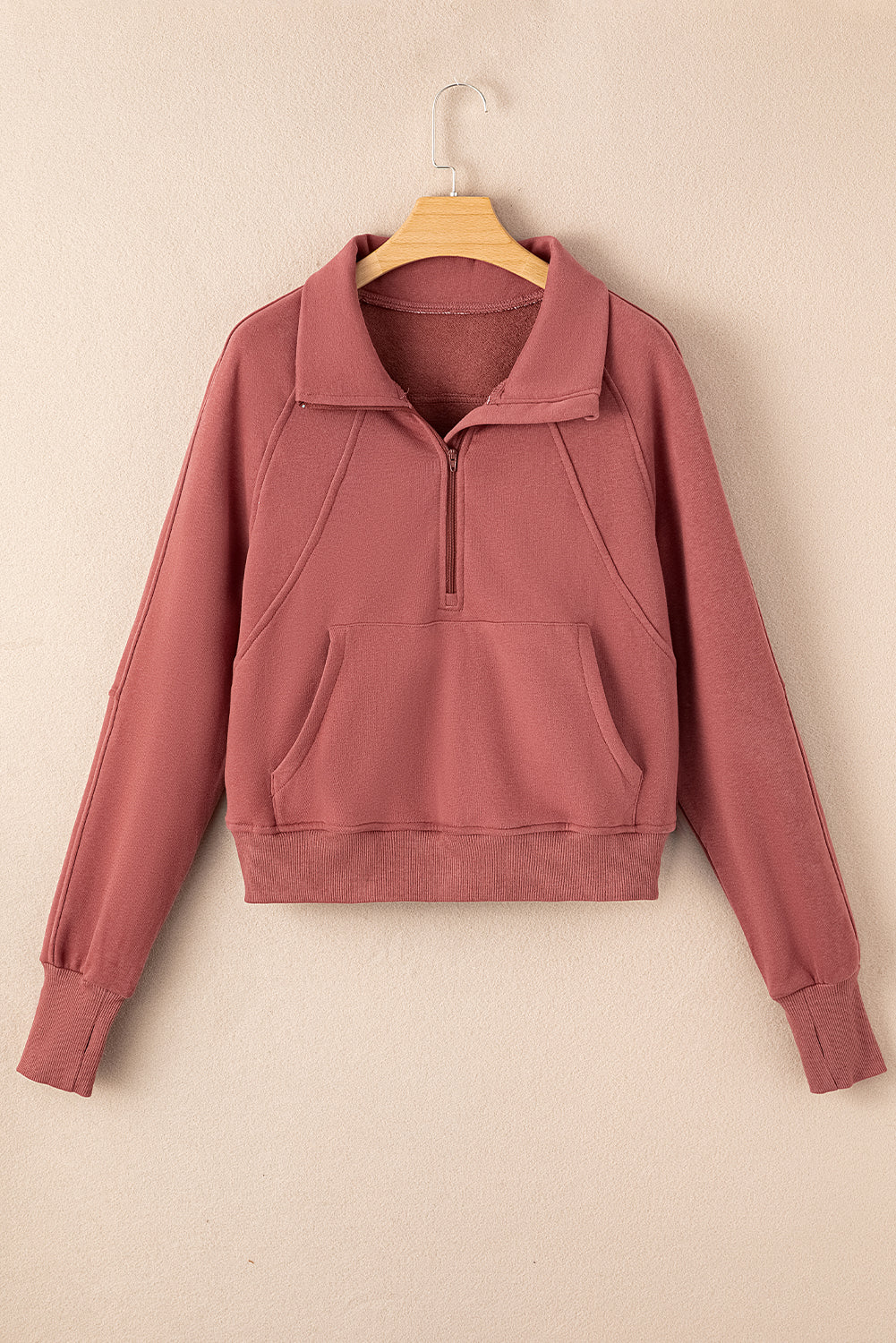 Sea Green Fleece Lined Zip Up Stand Collar Thumbhole Sleeve Sweatshirt