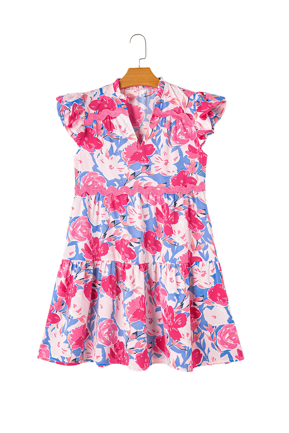 Sky Blue Floral Printed V Notched Ric Rac Flutter Sleeve Dress