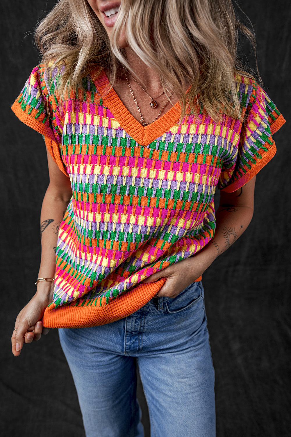 Green Multi Flutter Sleeve Knitted Sweater Top