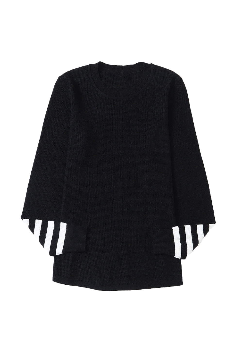 Green Striped Sleeve Plain Knit Sweater