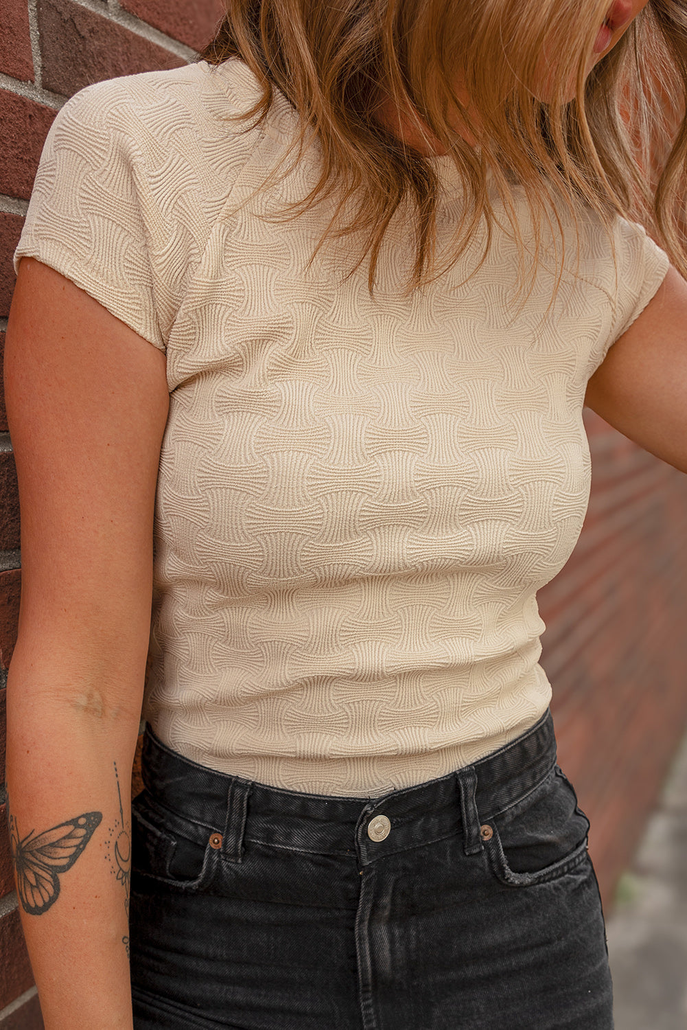 Beige Textured Crew Neck Cap Sleeve Slim Stretchy T Shirt