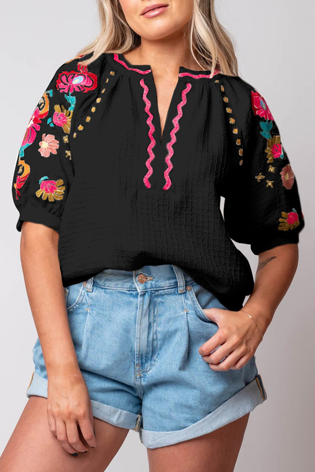 White Floral Embroidered Ricrac Puff Sleeve Textured Blouse
