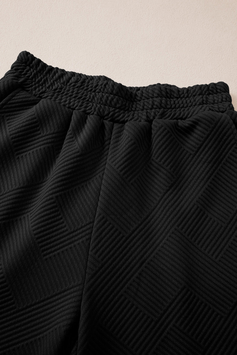 Bonbon Solid Textured Collared V Neck Top and Wide Leg Pants Set