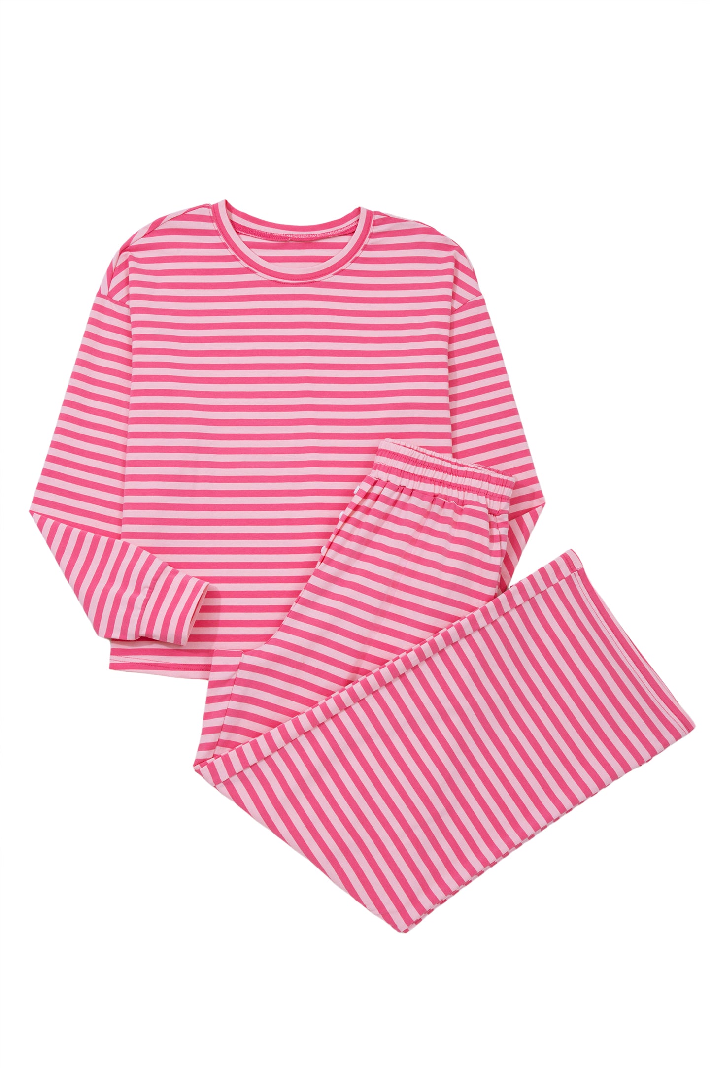 Pink Stripe Drop Shoulder Round Neck Top and Buttoned Straight Pants Two Piece Set