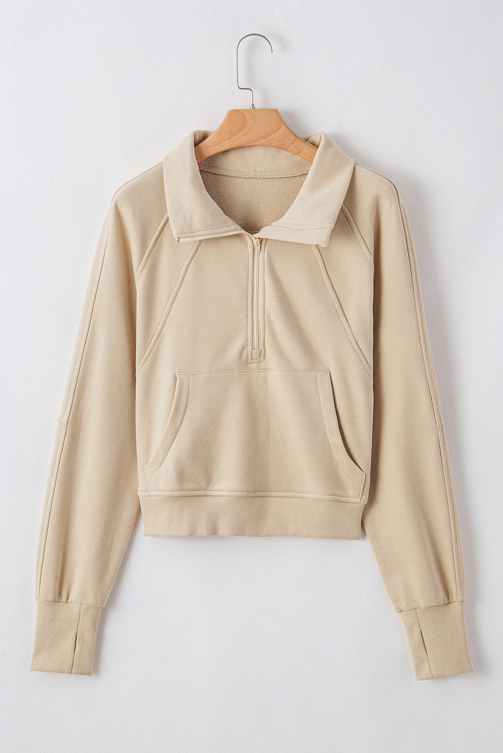 Sea Green Fleece Lined Zip Up Stand Collar Thumbhole Sleeve Sweatshirt