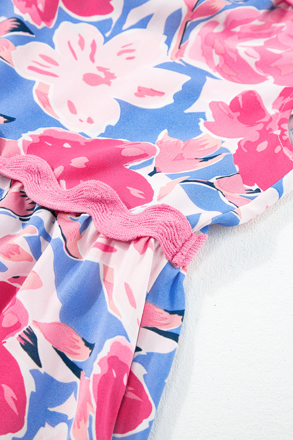 Sky Blue Floral Printed V Notched Ric Rac Flutter Sleeve Dress