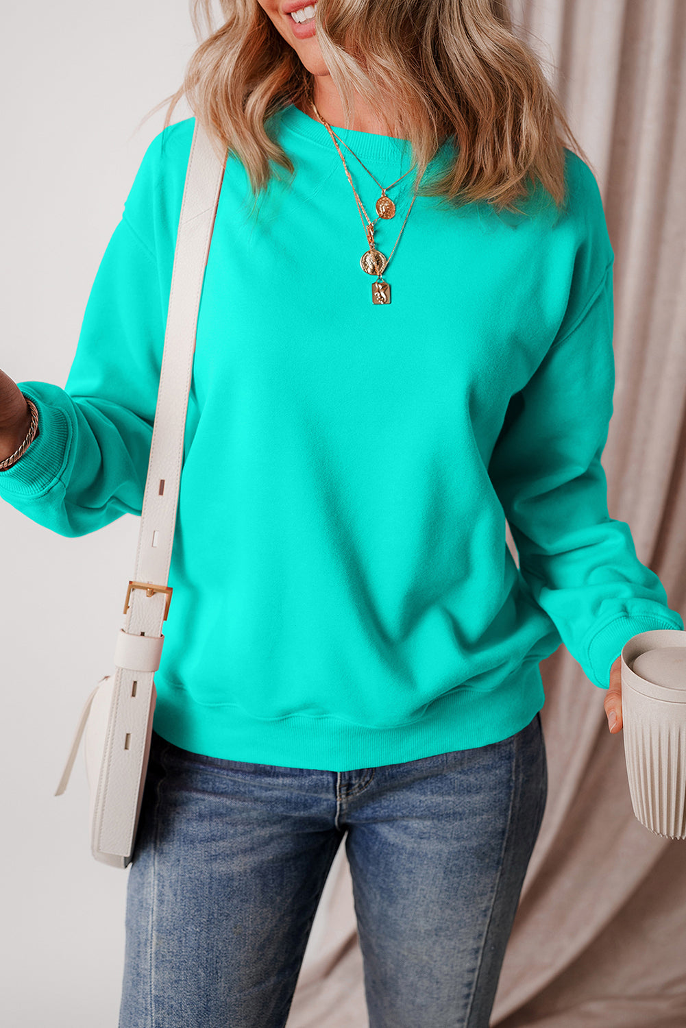 Dark Green Solid Fleece Lined Drop Shoulder Terry Sweatshirt