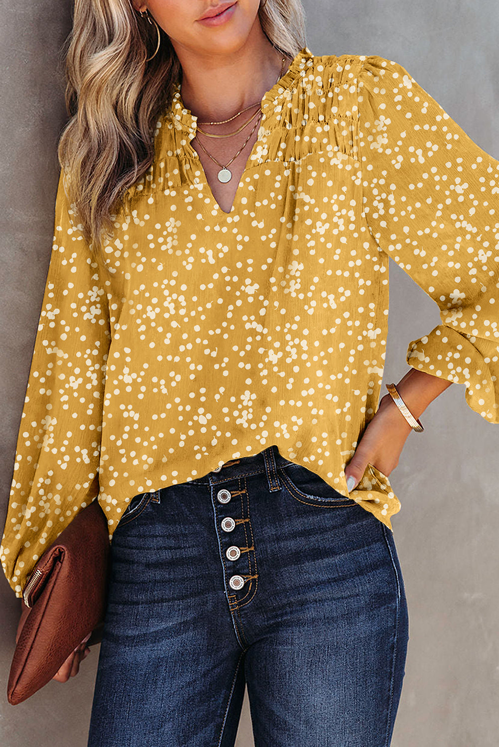 Pink Split Neck Fall Printed Crinkled Blouse