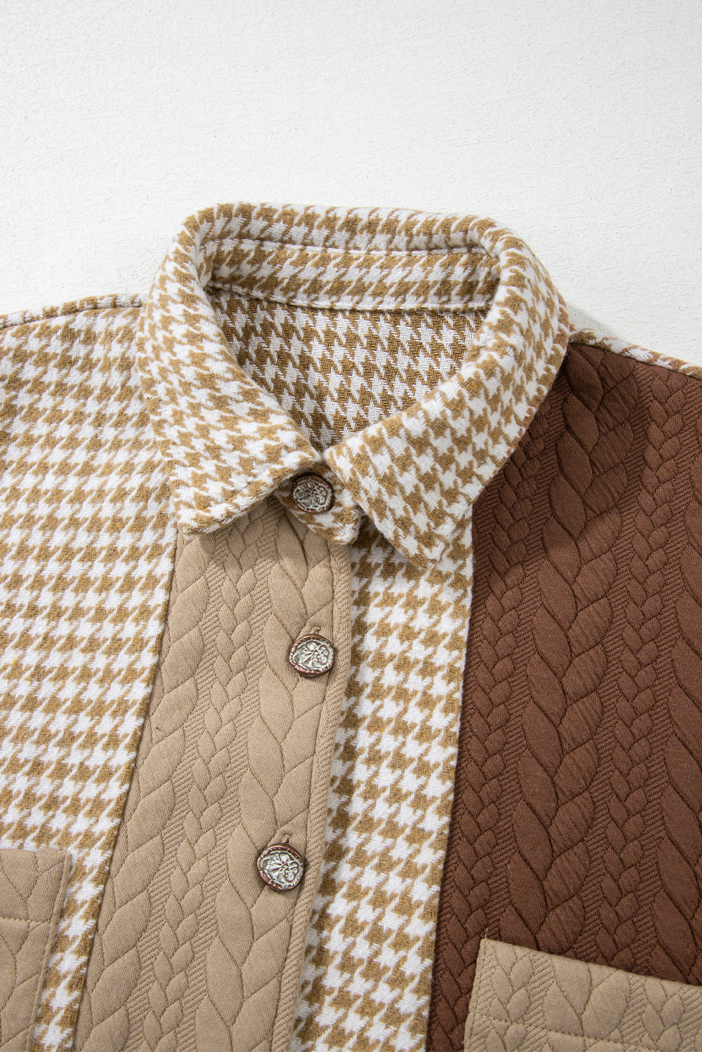 Khaki Houndstooth Color Contrast Textured Patchwork Loose Shacket