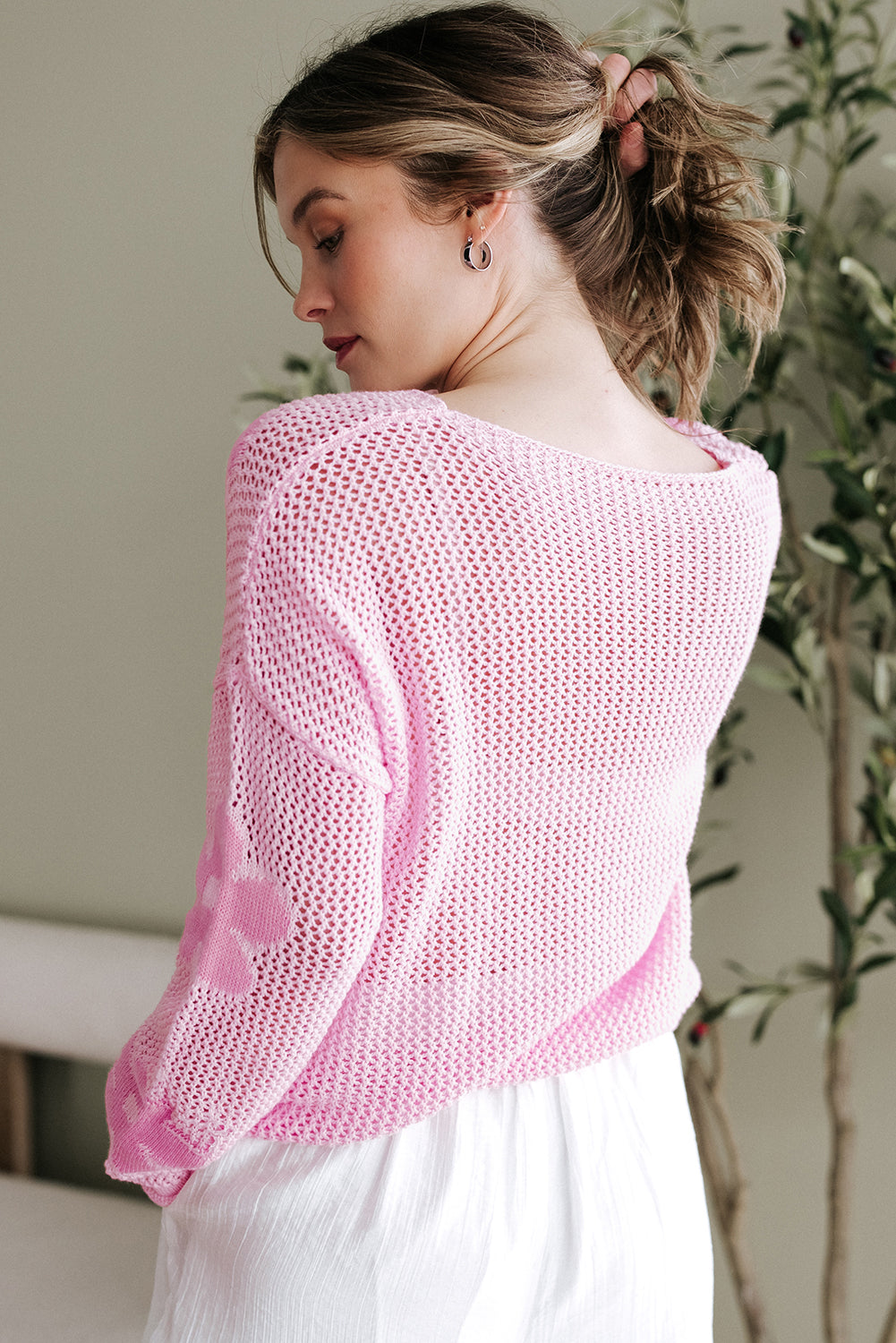Sea Green Big Flower Hollowed Knit Drop Shoulder Sweater
