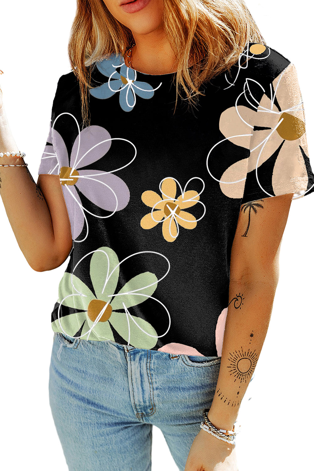 Beige Summer Flower Print Casual Round Neck T Shirt