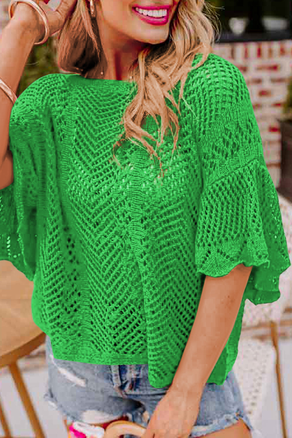 Rose Red Pointelle Knit Scallop Edge Short Sleeve Top