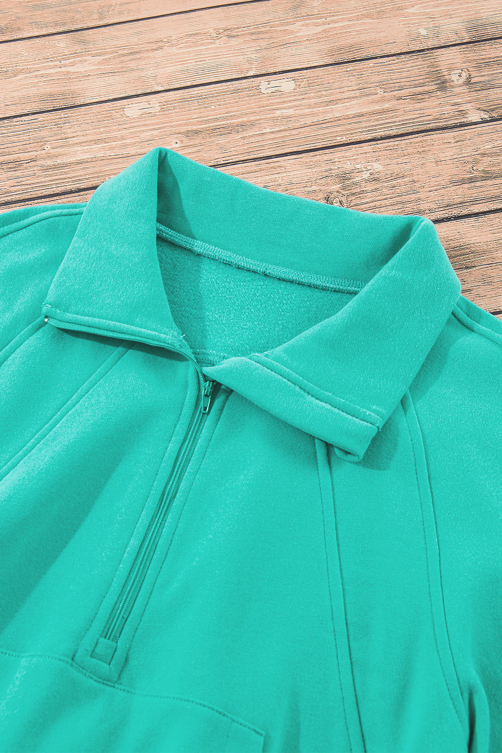 Sea Green Fleece Lined Zip Up Stand Collar Thumbhole Sleeve Sweatshirt