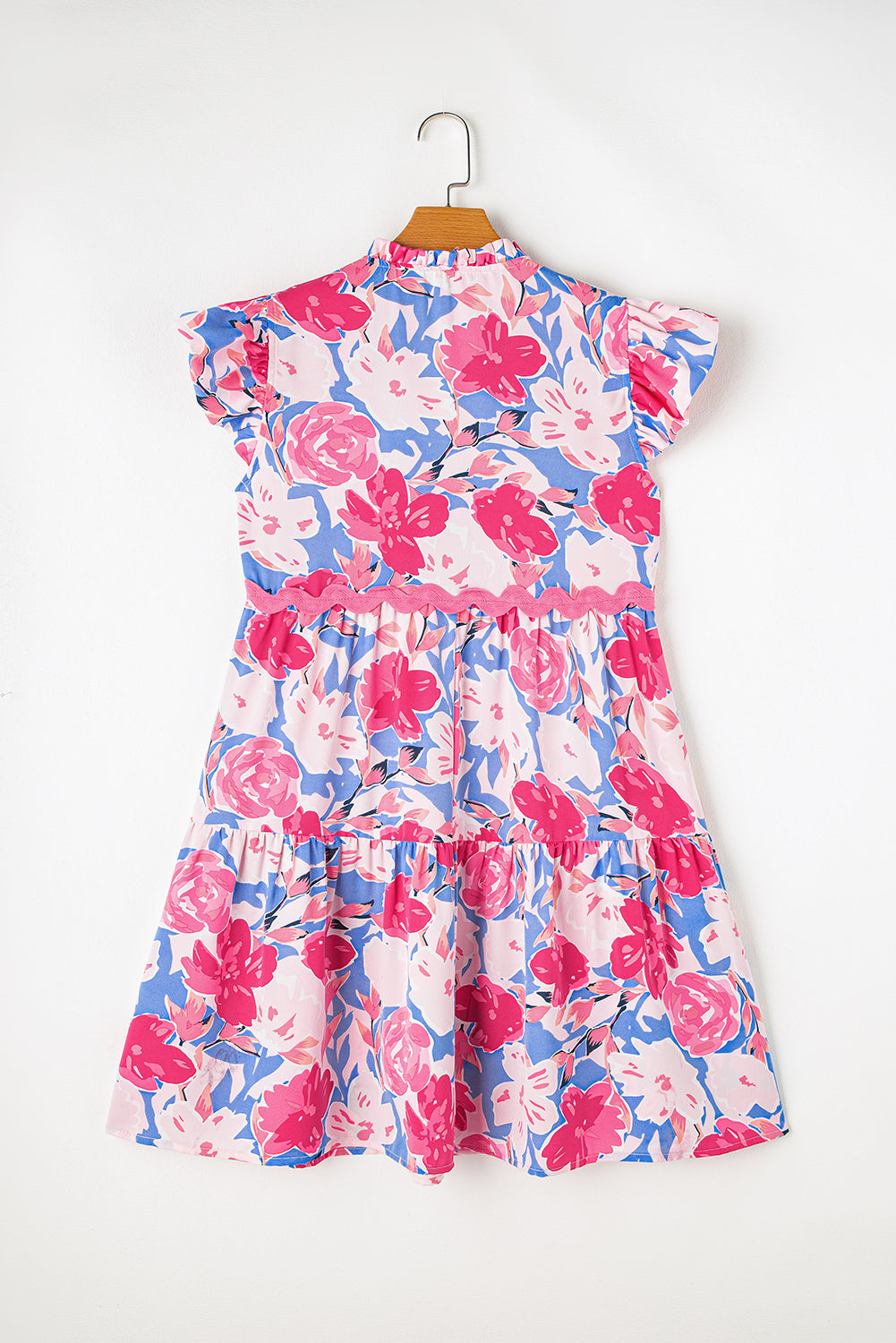 Sky Blue Floral Printed V Notched Ric Rac Flutter Sleeve Dress