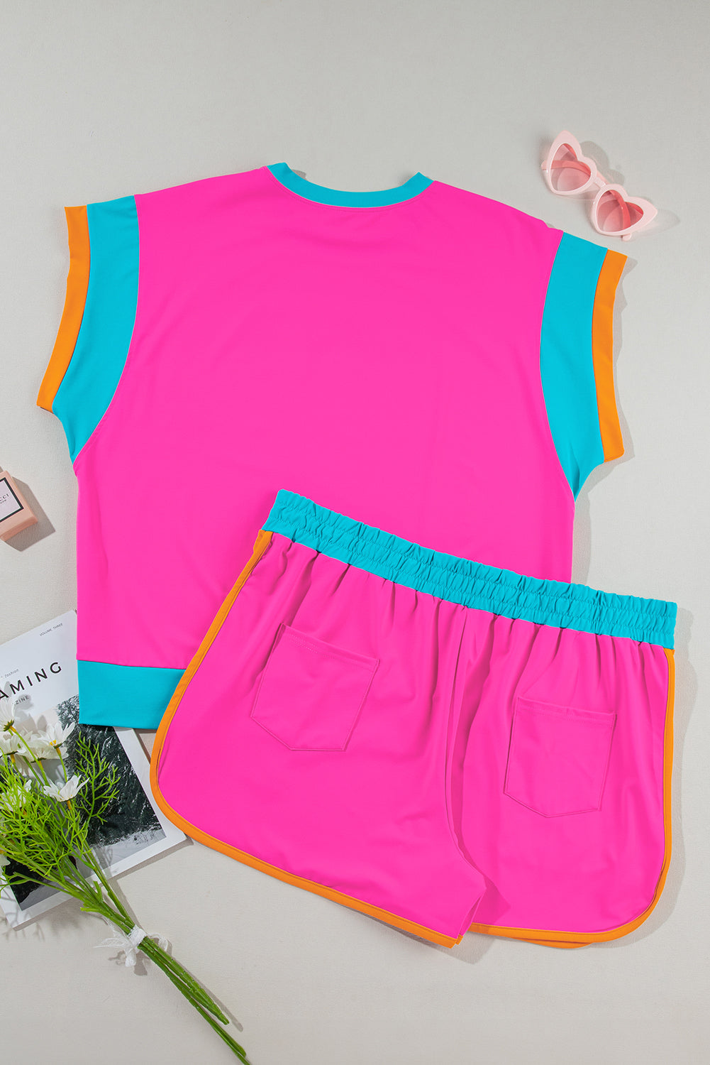 Rose Red Colorblock Patchwork Cap Sleeve Top Plus Size Shorts Set