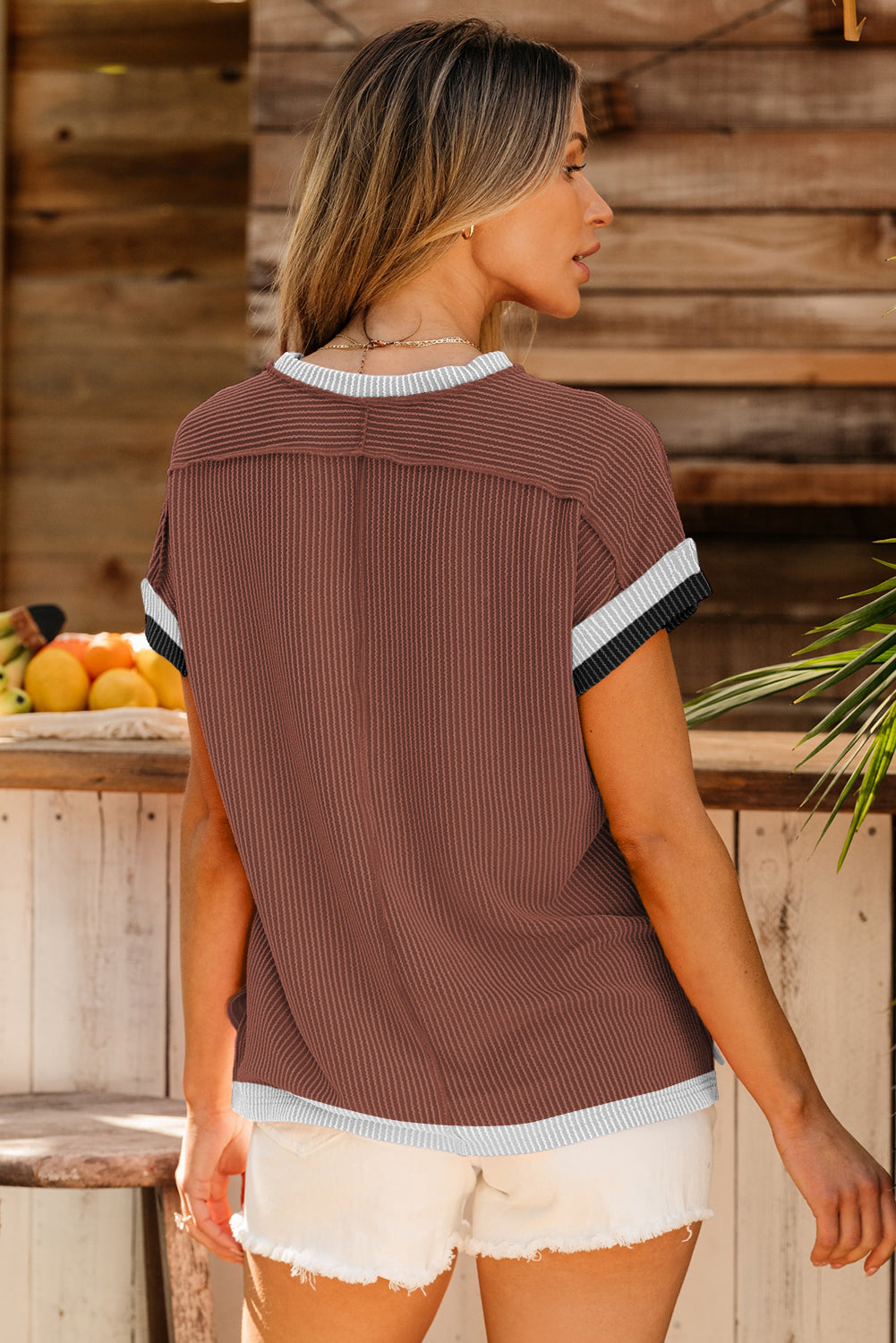Grass Green Textured Contrast Trim Round Neck T Shirt