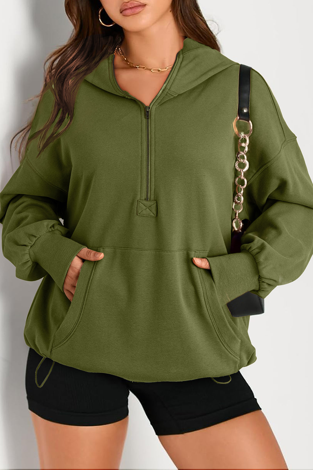 Black Solid Kangaroo Pocket Half Zipper Oversized Hoodie