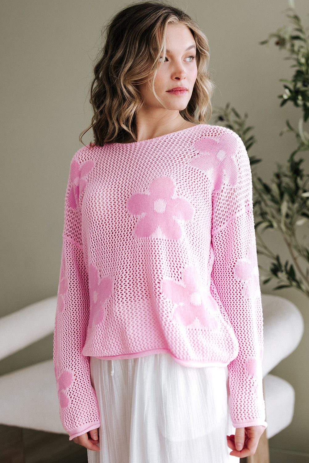 Sea Green Big Flower Hollowed Knit Drop Shoulder Sweater