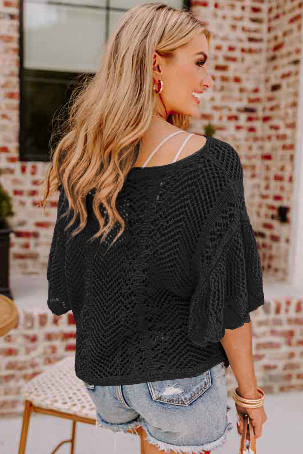 Rose Red Pointelle Knit Scallop Edge Short Sleeve Top