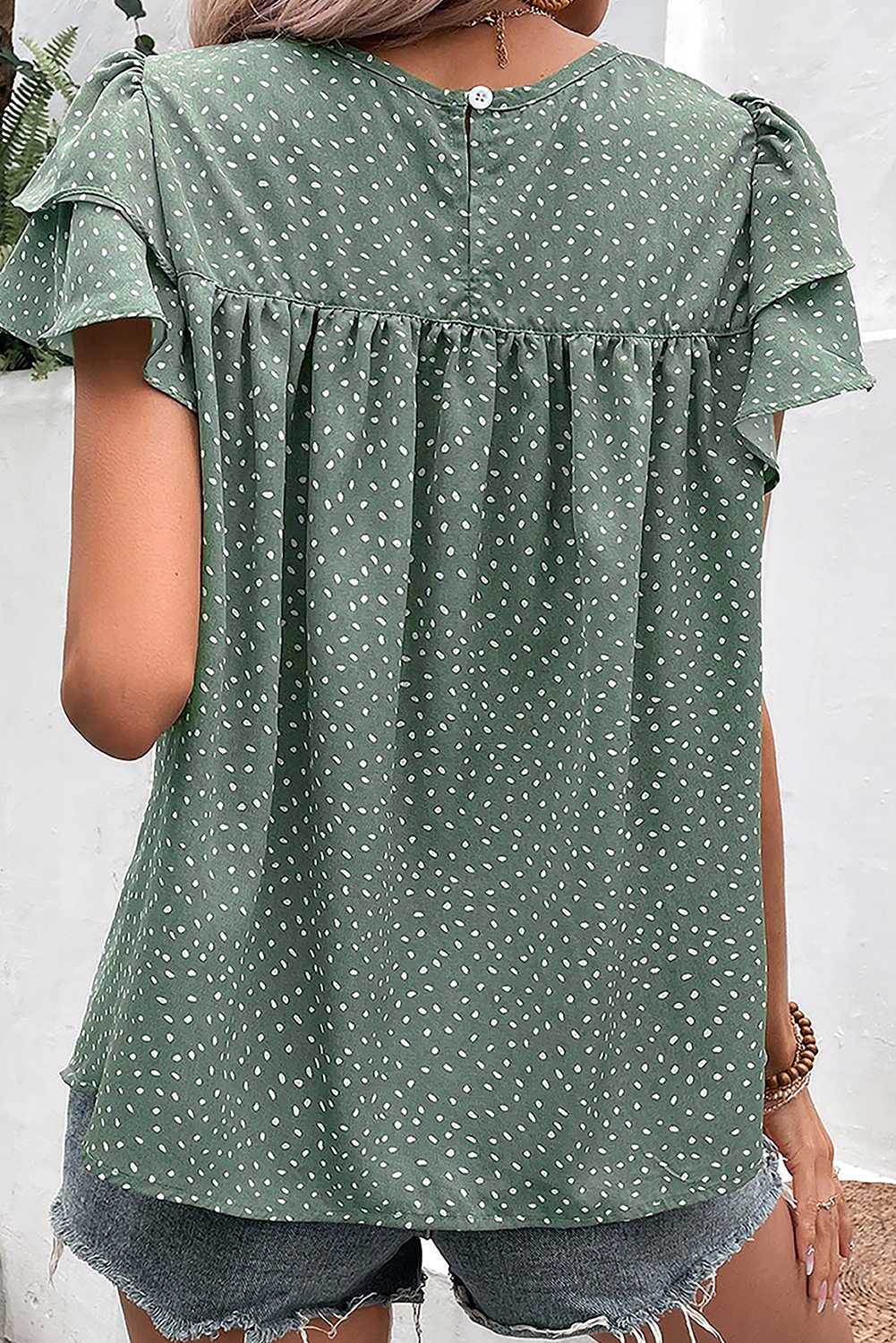 Black Dotted Ruffle Sleeve Crew Neck Ruched Blouse