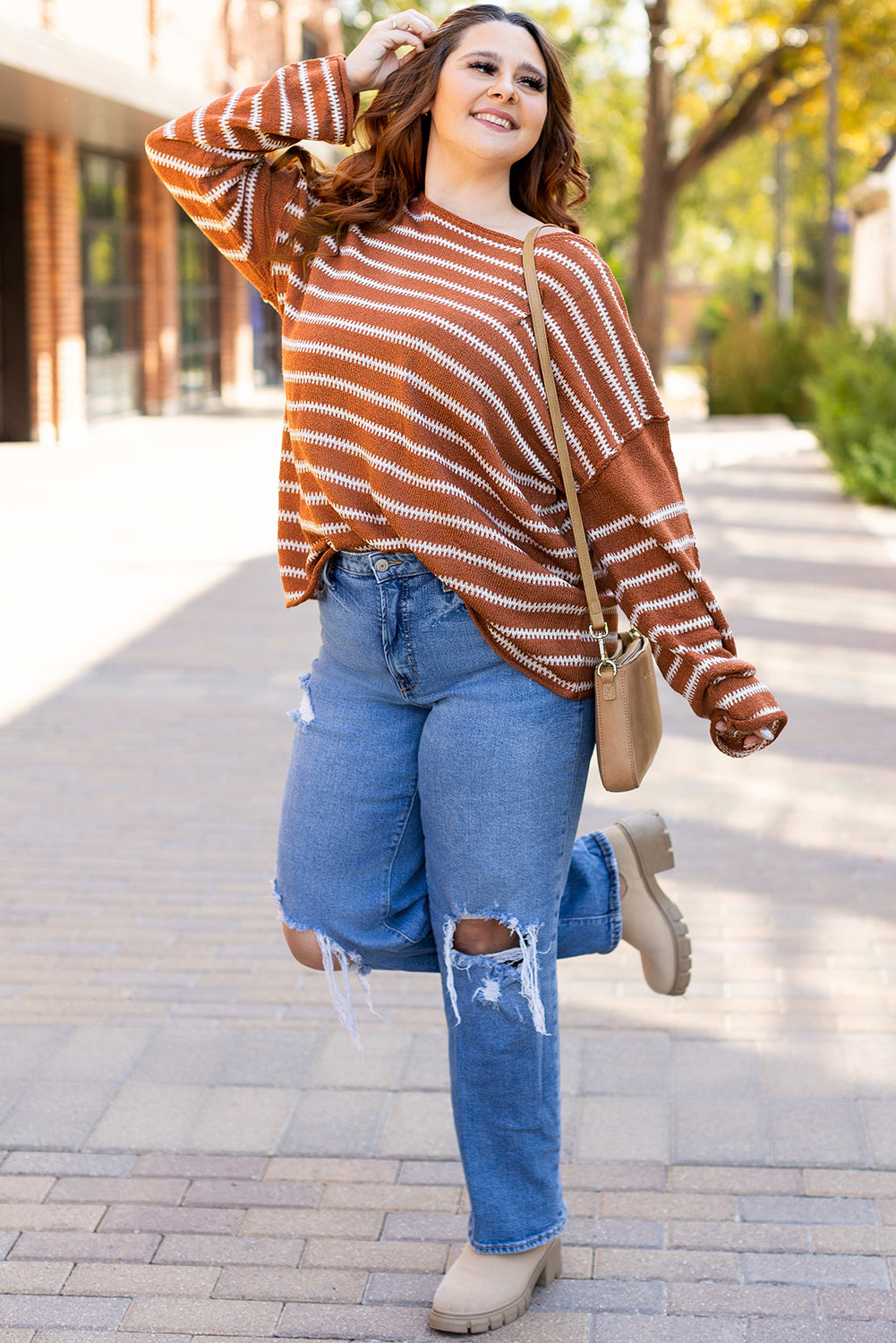 Green Stripe Drop Shoulder Casual Sweater