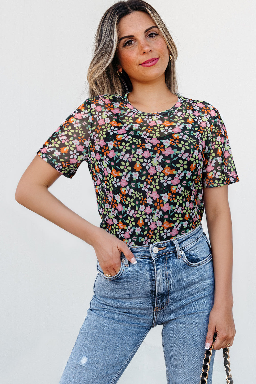 Black Sheer Floral Mesh Round Neck T Shirt