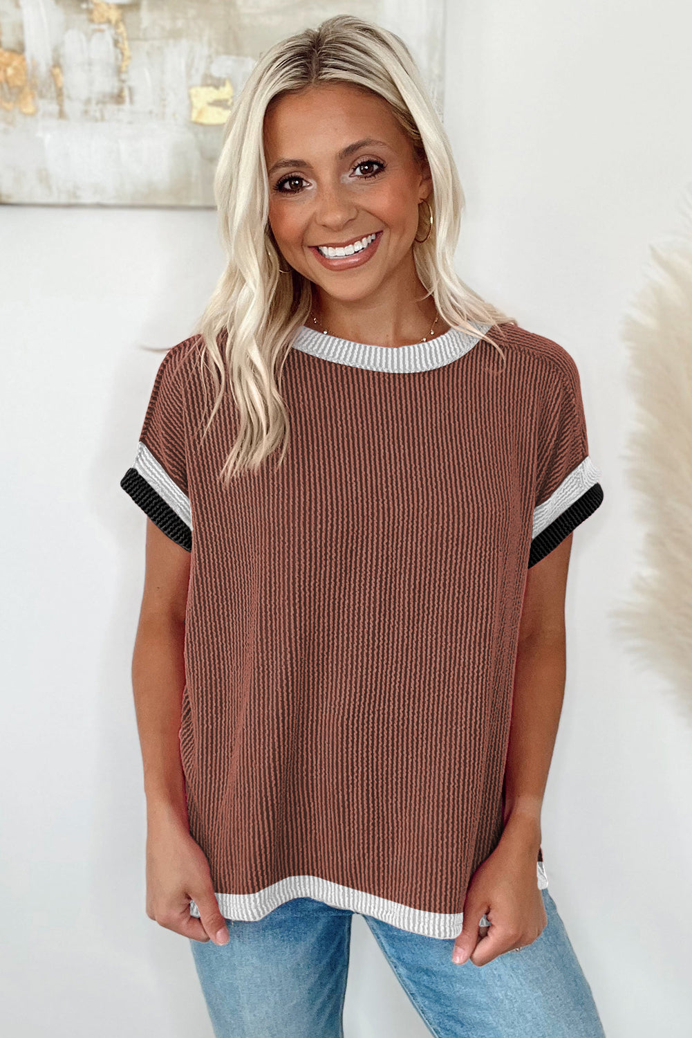 Grass Green Textured Contrast Trim Round Neck T Shirt