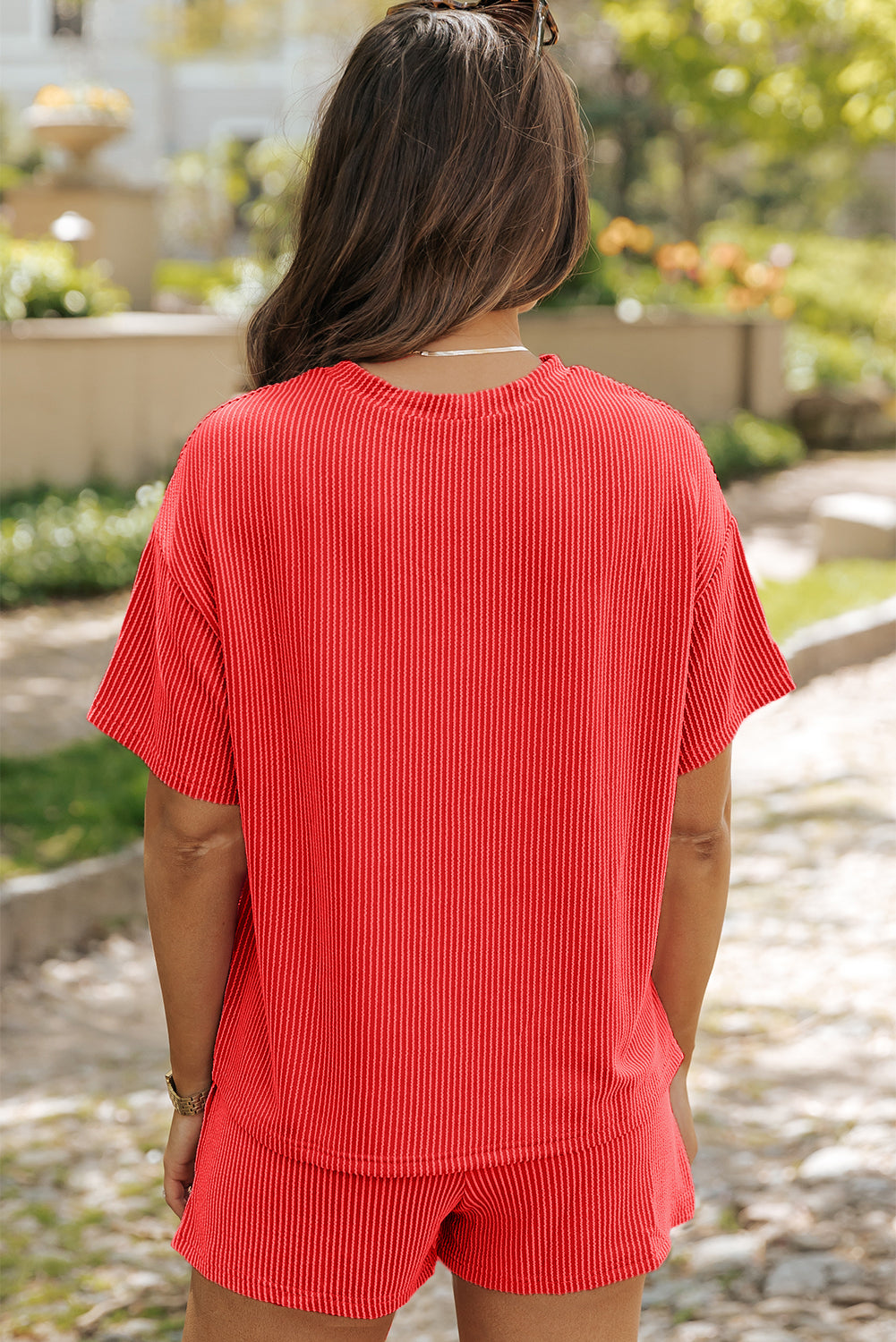 Phalaenopsis Ribbed Textured Knit Loose Fit Tee and Shorts Set
