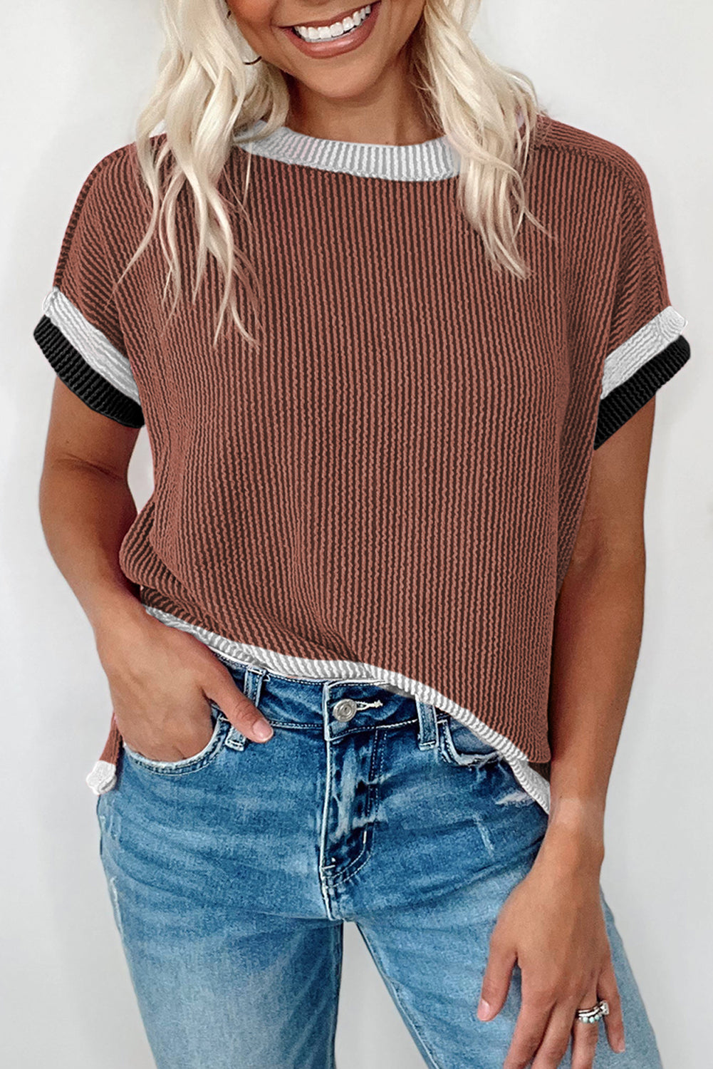 Grass Green Textured Contrast Trim Round Neck T Shirt
