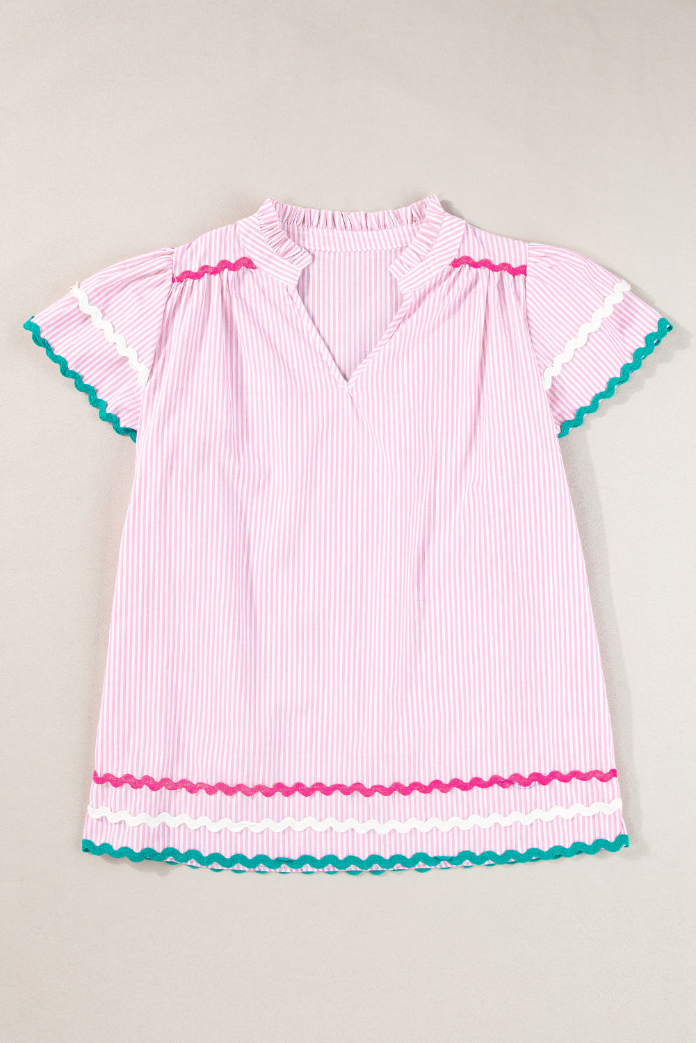 Sky Blue Stripe Ricrac Trim Split Neck Striped Ruffled Sleeve Blouse