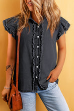 Load image into Gallery viewer, Beau Blue Button Front Ruffled Flutter Frayed Denim Top
