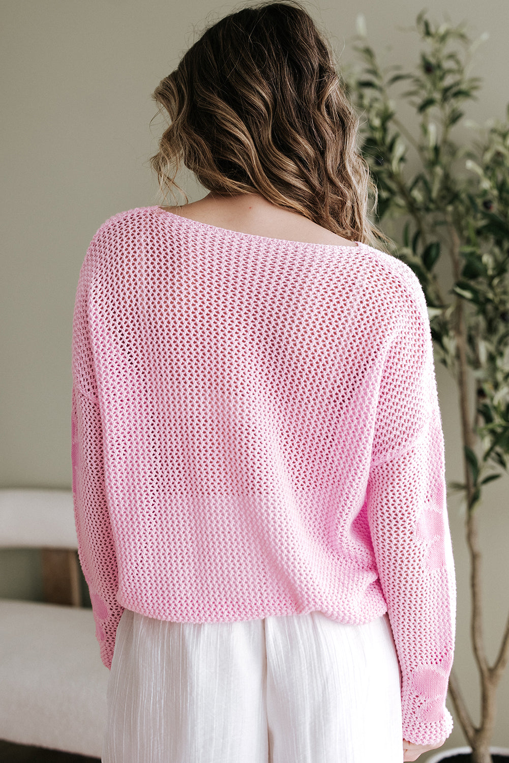 Sea Green Big Flower Hollowed Knit Drop Shoulder Sweater