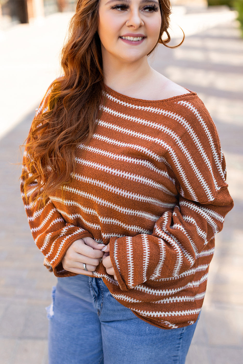 Green Stripe Drop Shoulder Casual Sweater