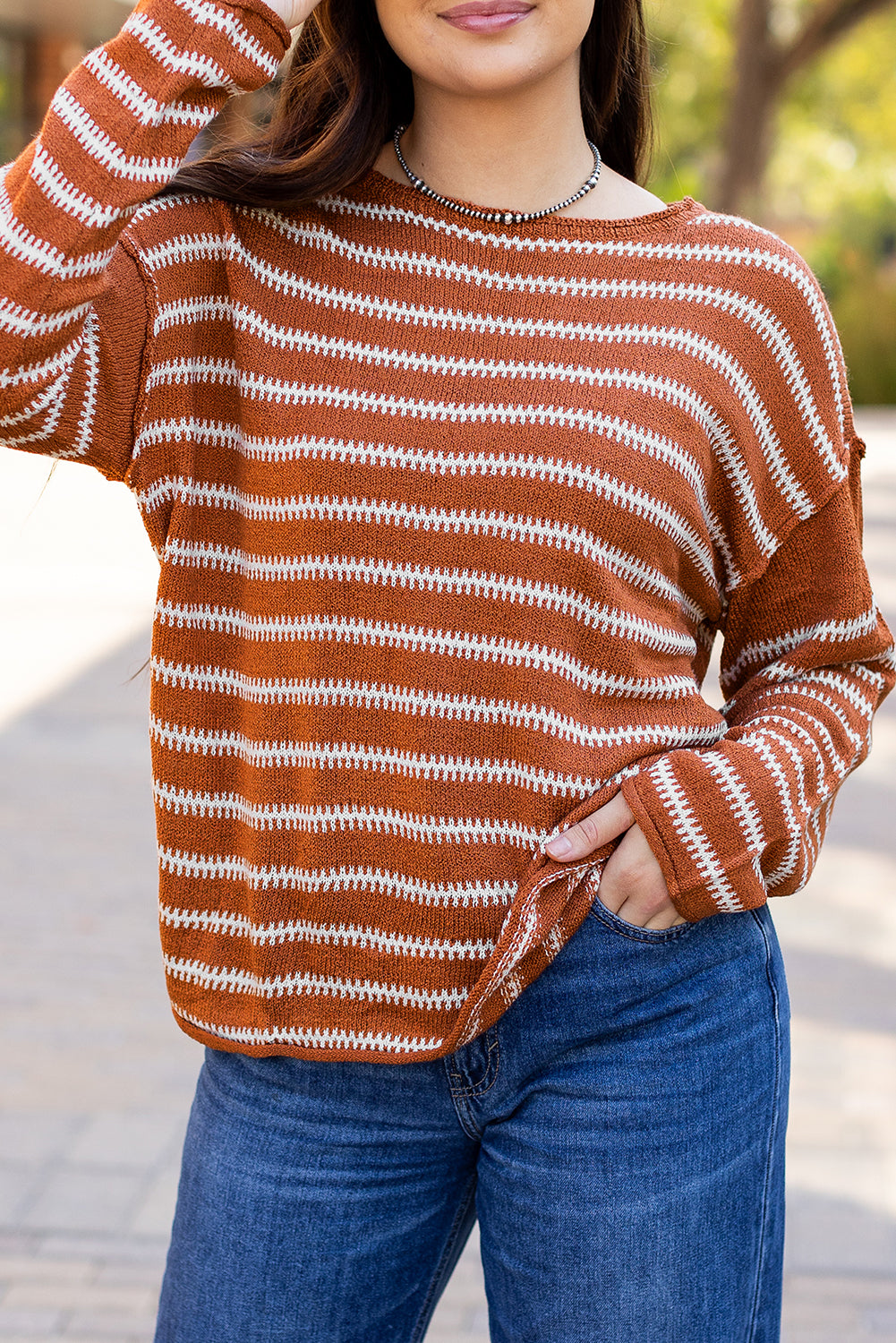 Green Stripe Drop Shoulder Casual Sweater