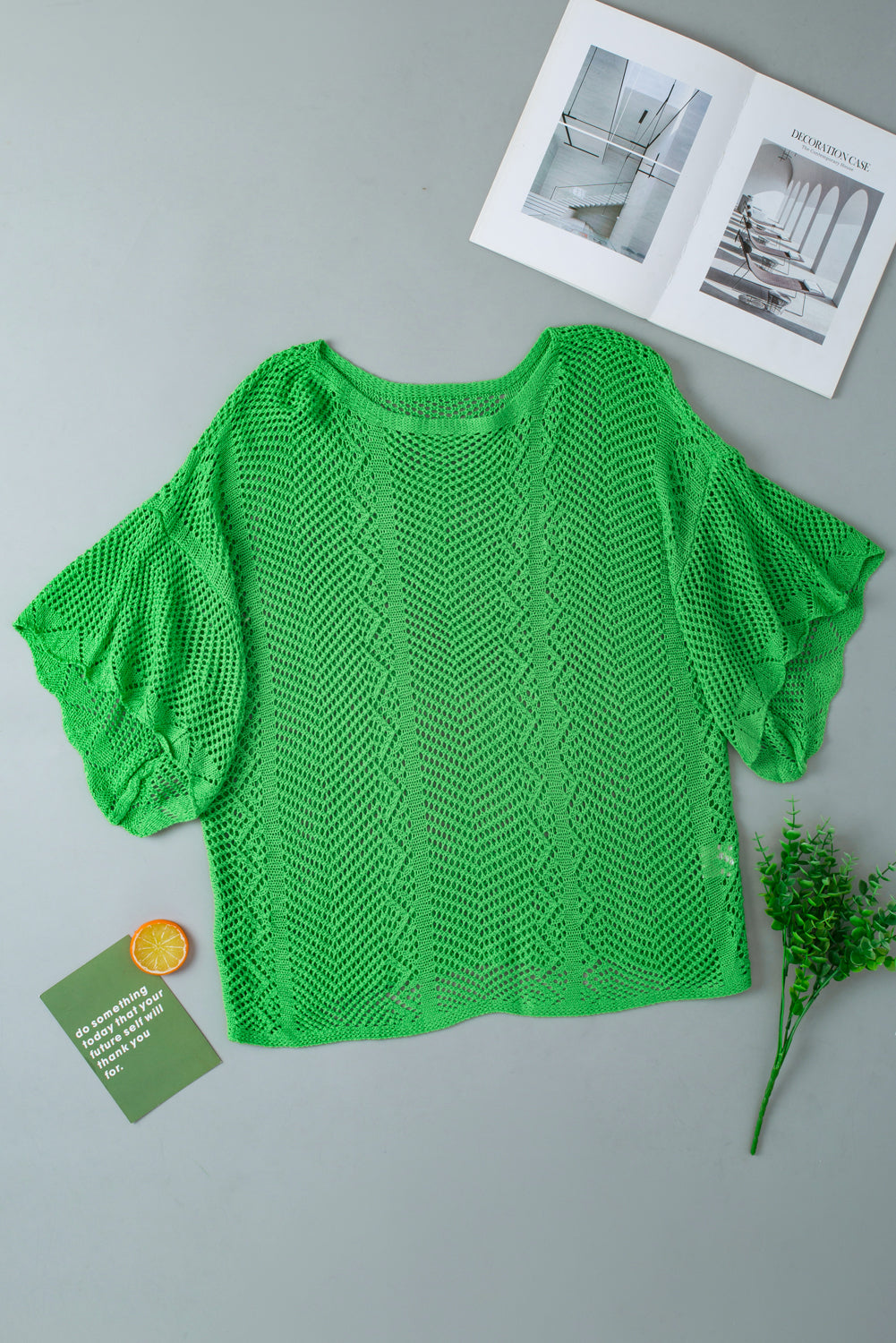 Rose Red Pointelle Knit Scallop Edge Short Sleeve Top