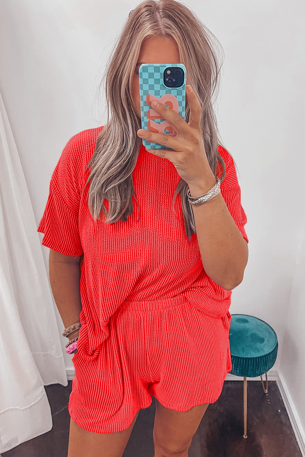 Phalaenopsis Ribbed Textured Knit Loose Fit Tee and Shorts Set
