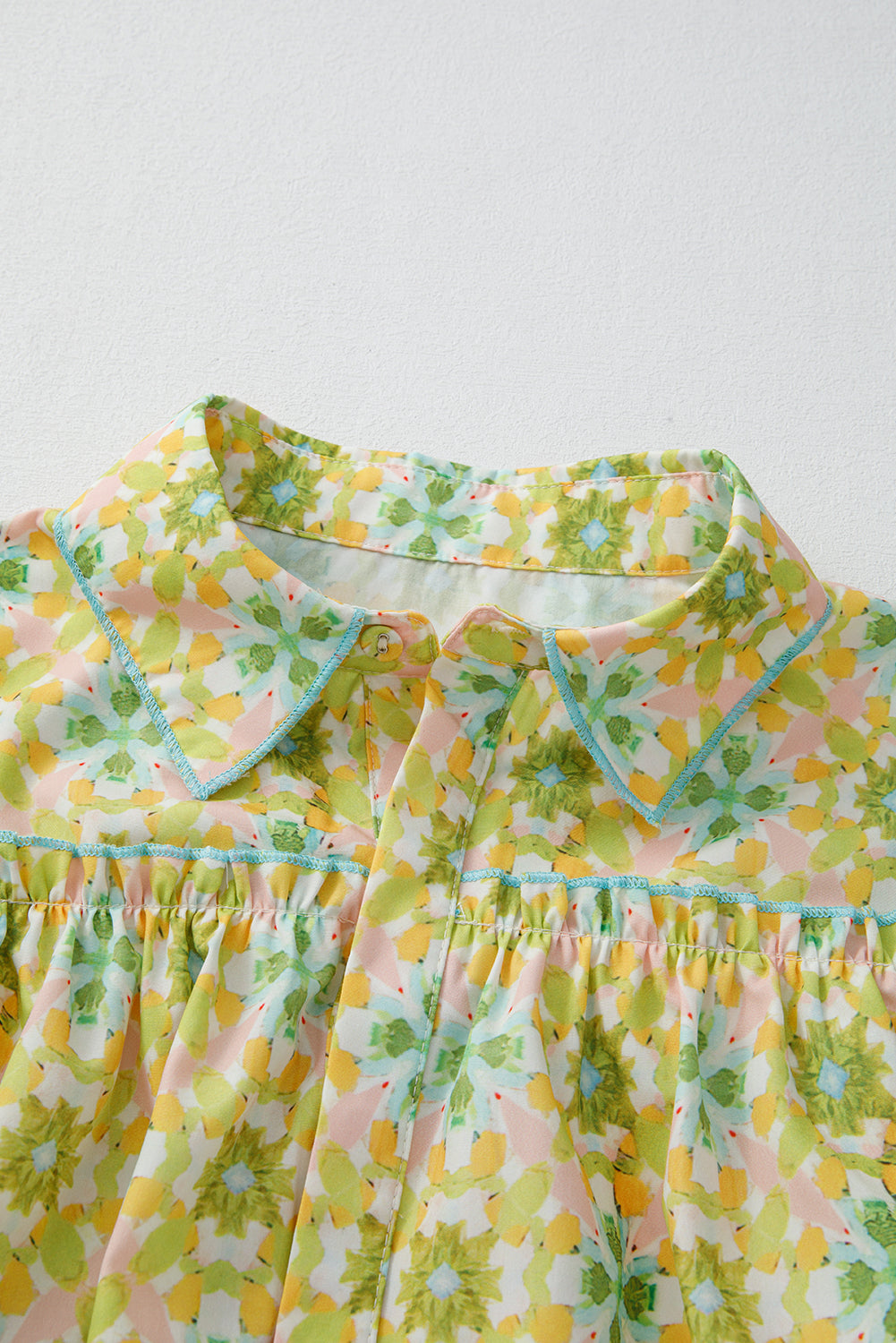 Green Boho Floral Print Frilly Detail Puff Sleeve Shirt