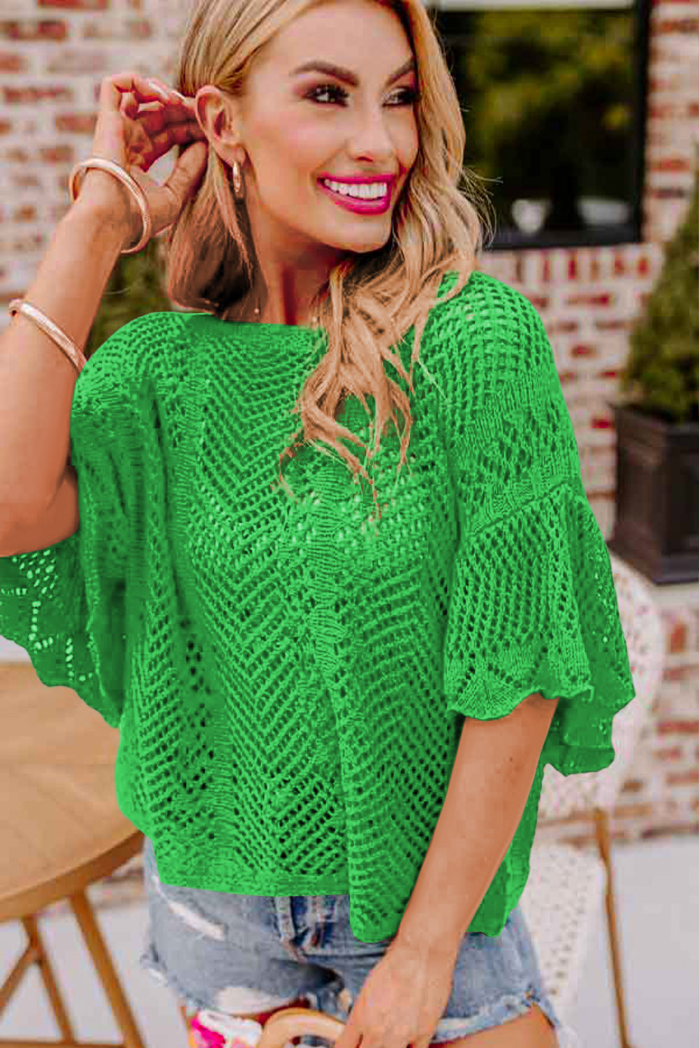 Rose Red Pointelle Knit Scallop Edge Short Sleeve Top