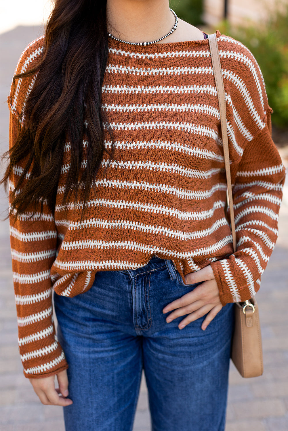 Green Stripe Drop Shoulder Casual Sweater