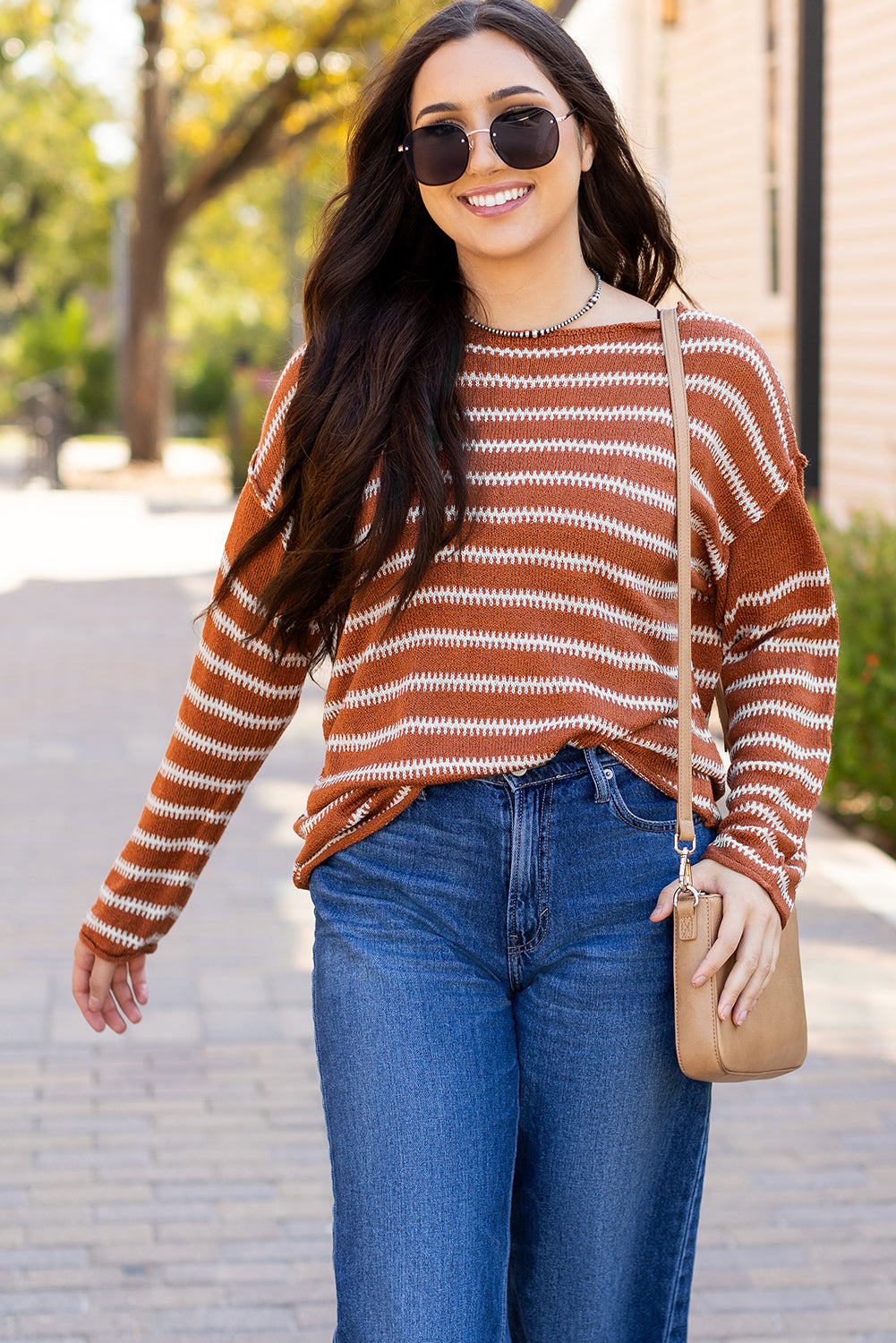 Green Stripe Drop Shoulder Casual Sweater