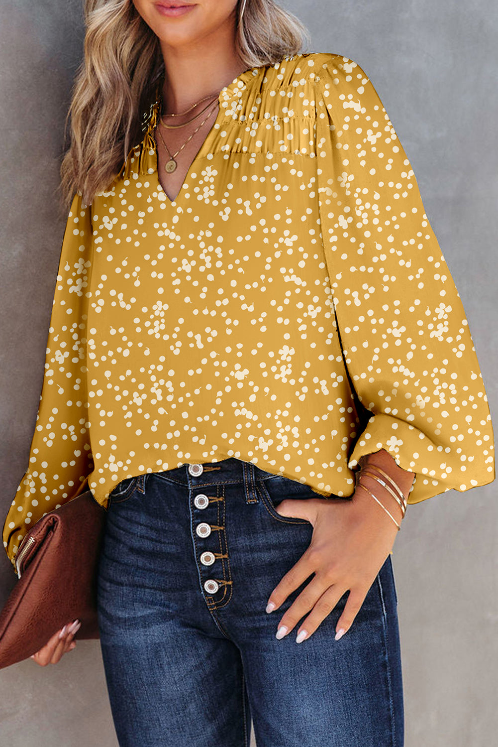 Pink Split Neck Fall Printed Crinkled Blouse
