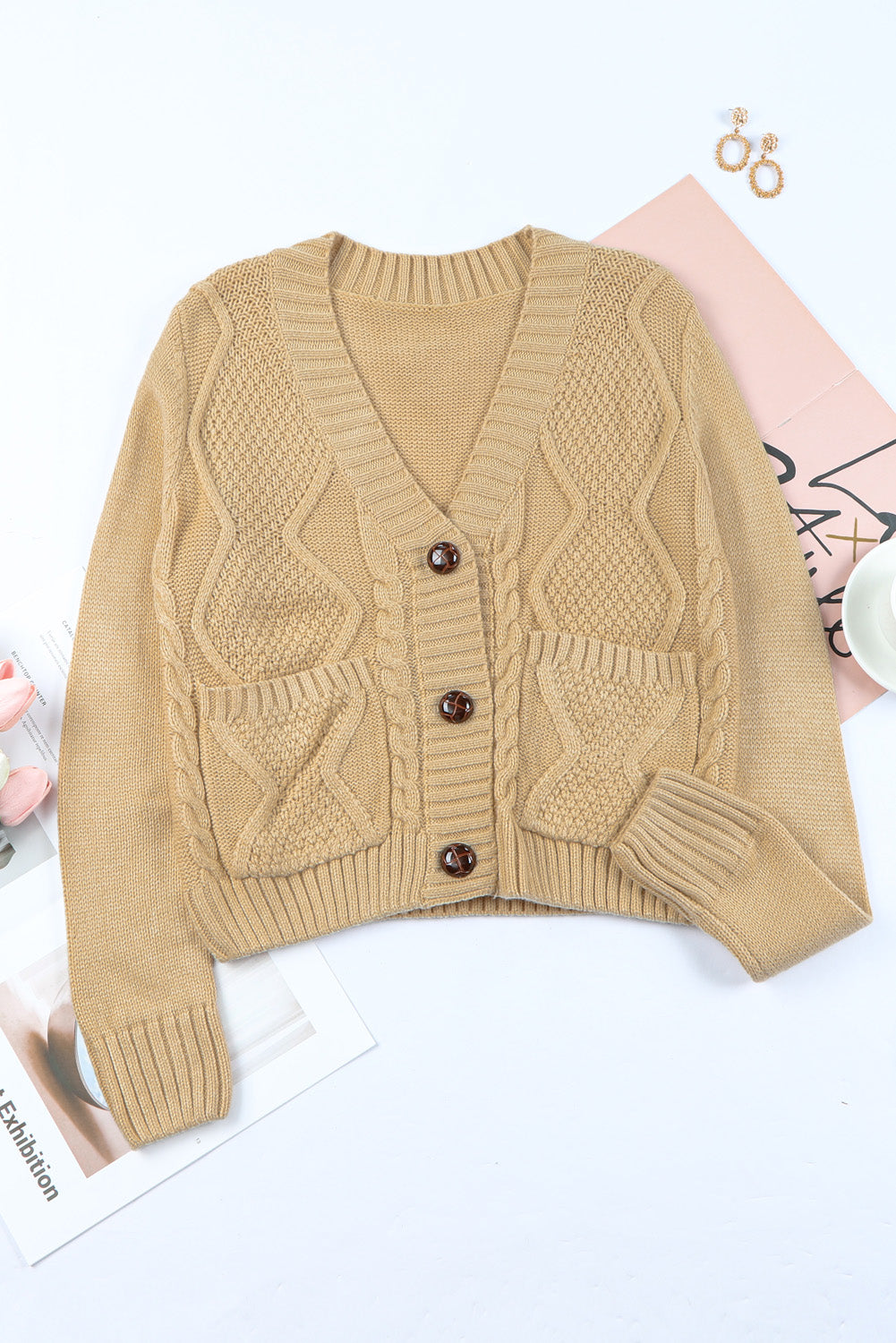 Black Front Pockets Buttons Textured Cardigan