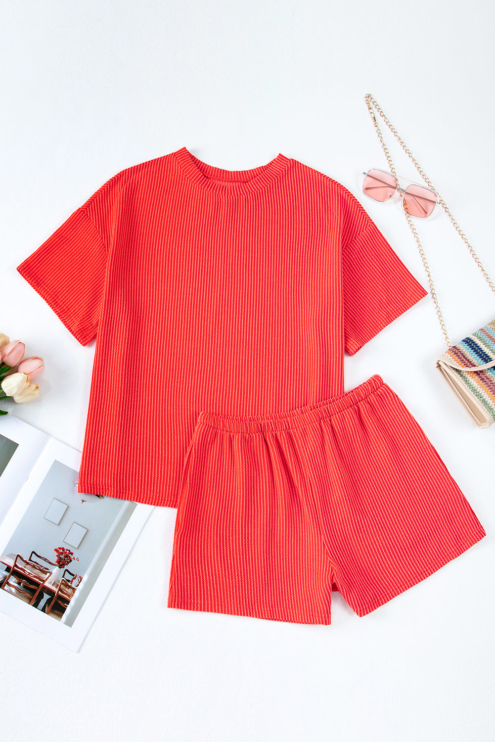 Phalaenopsis Ribbed Textured Knit Loose Fit Tee and Shorts Set