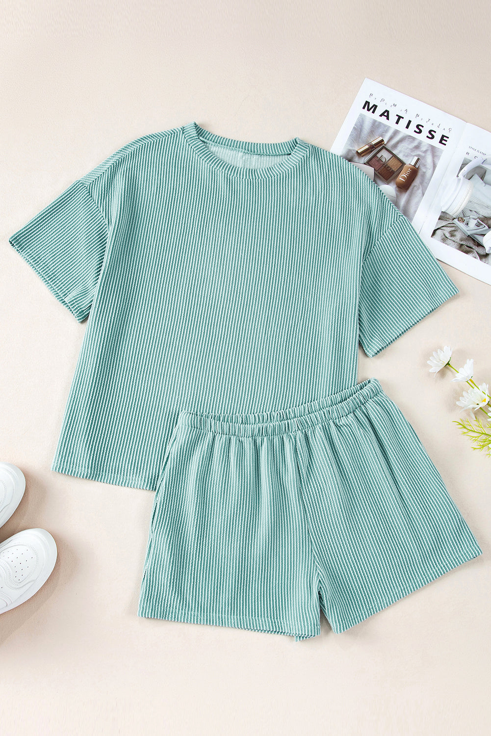 Phalaenopsis Ribbed Textured Knit Loose Fit Tee and Shorts Set